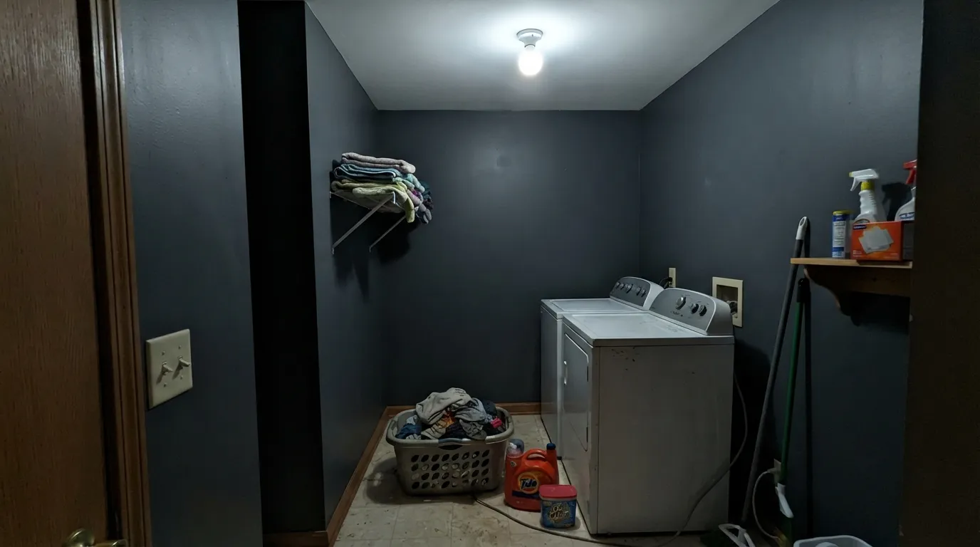 The honest shot: cool LED light with no daylight or lamp behind it, and Rain Cloud just goes dark — the exact room this color can't save.
