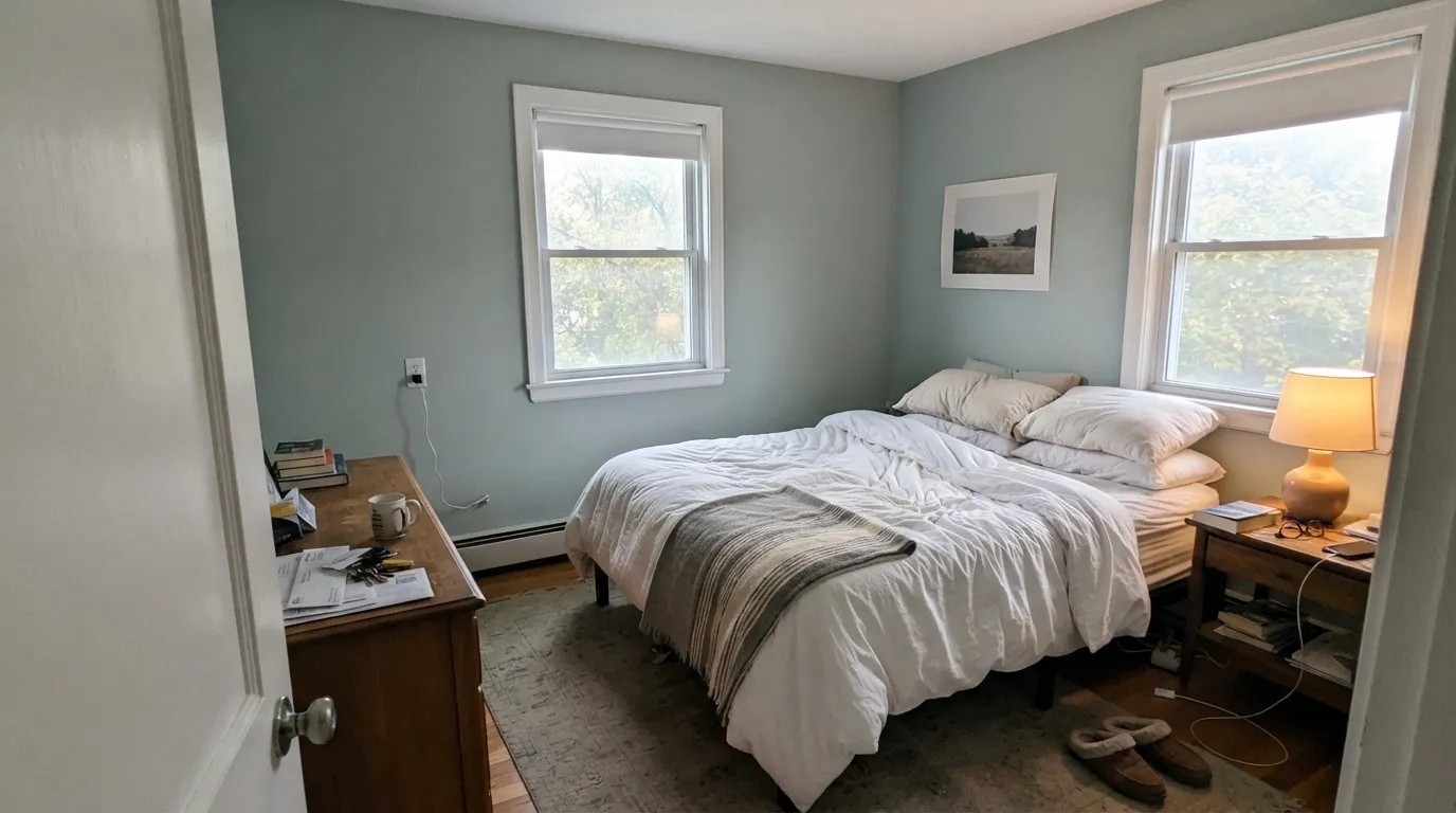 Morning east light is where Rainwashed reads bluest — calm color on the walls without the room going gray.