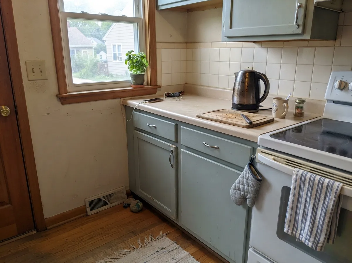 On cabinets in warm afternoon light the green side comes forward — closer to soft sage than to aqua.
