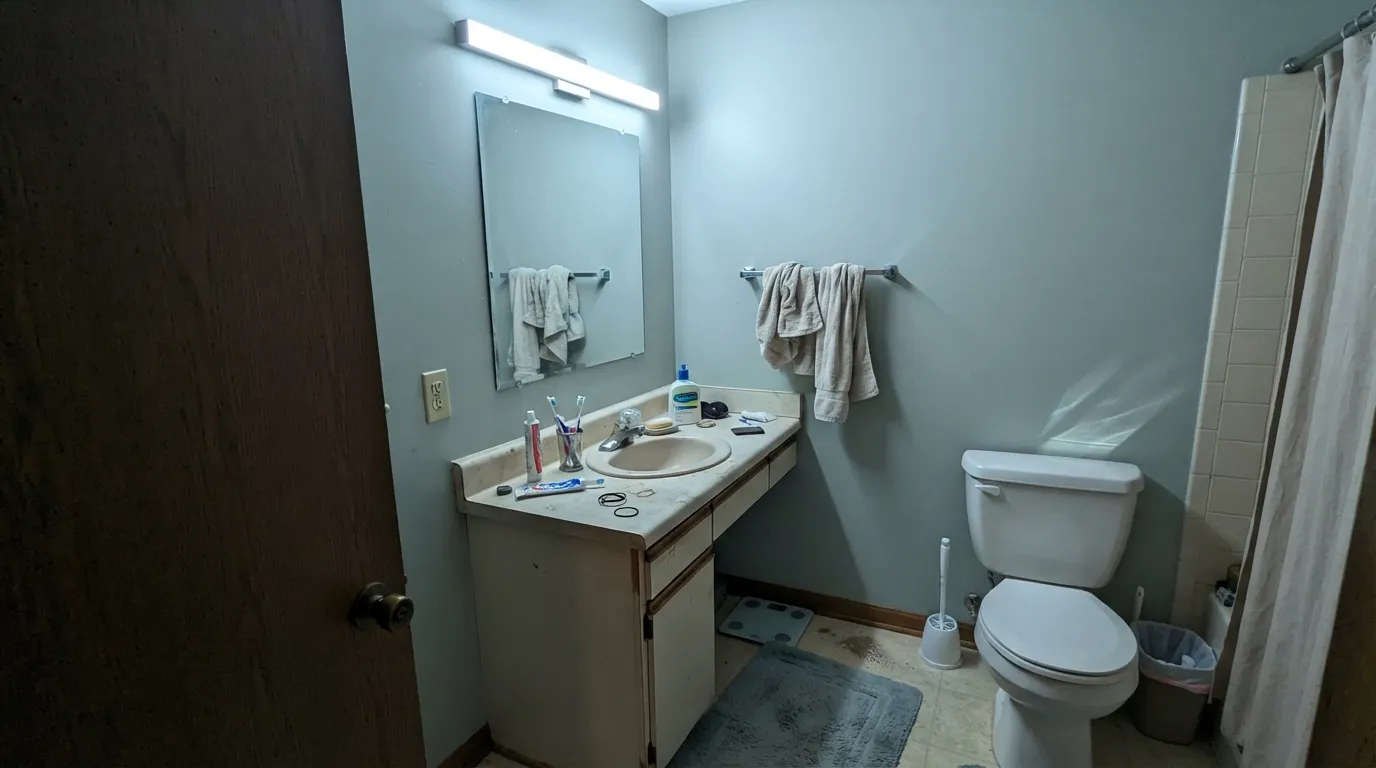 The honest shot: no window and cool LED bulbs drain the color out and Rainwashed goes flat gray-green — the exact complaint people post.