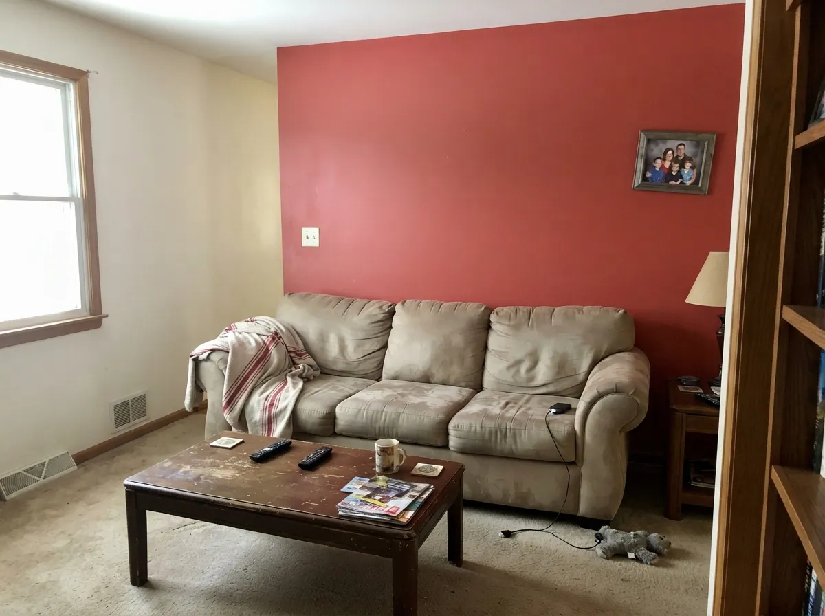 The safest way to buy this color: one wall behind the sofa, three walls of warm white, and plenty of daylight keeping the red clear instead of heavy.