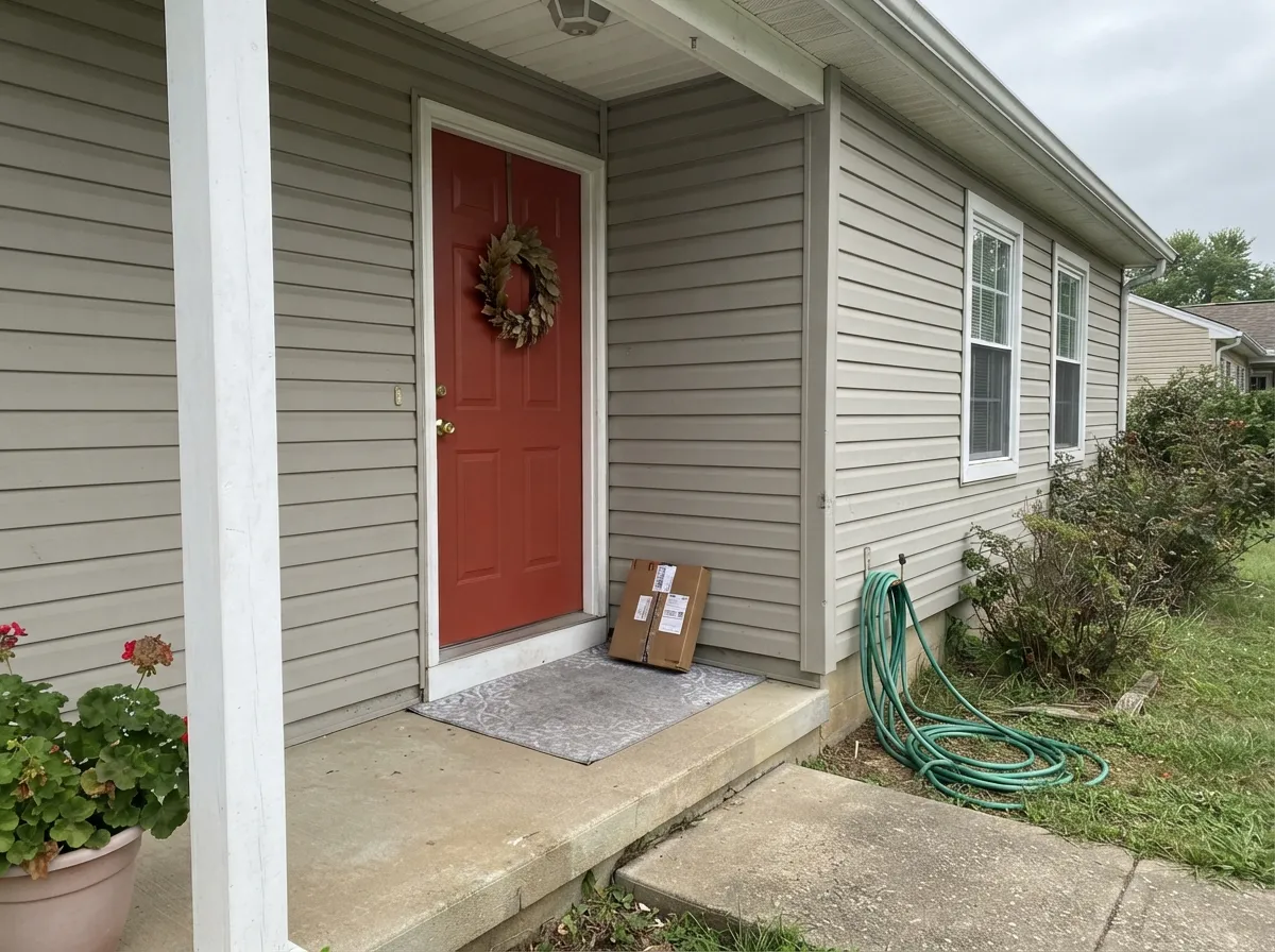 On a pale house the red door reads from the sidewalk without shouting — satin sheen here is deliberate, since red fades faster outdoors than any other color family.