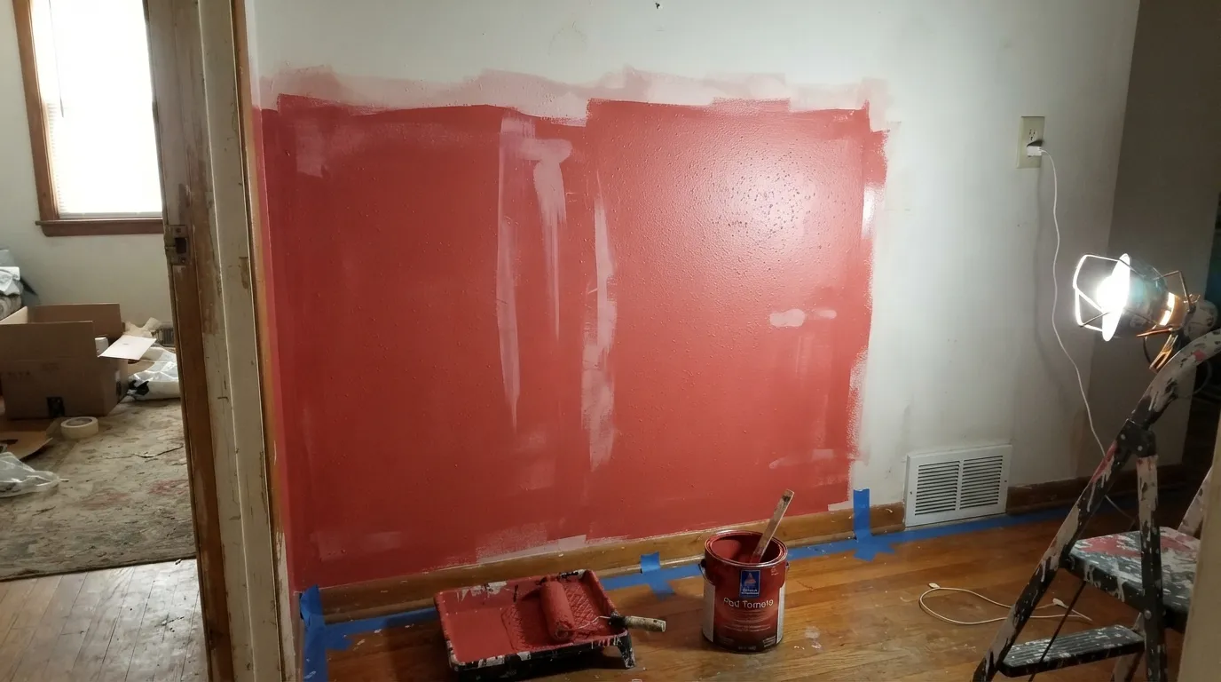 The honest shot: red pigment barely hides, so over white drywall without a gray-tinted primer coat two still reads blotchy pink — this is the complaint behind almost every bad red-paint review.