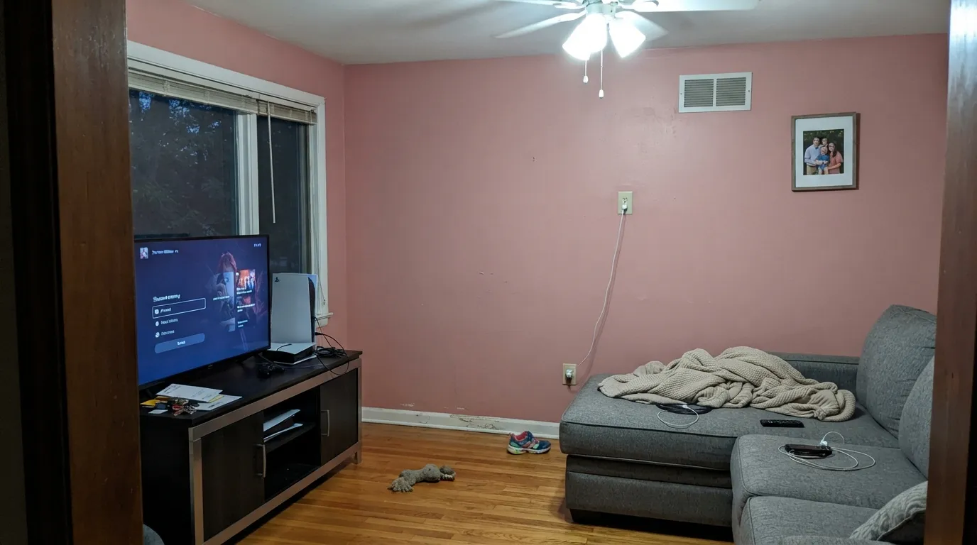 The honest shot: cool LED light with no daylight to balance it, and Redend Point goes distinctly pink against cool furniture — the exact complaint behind most one-star reviews.