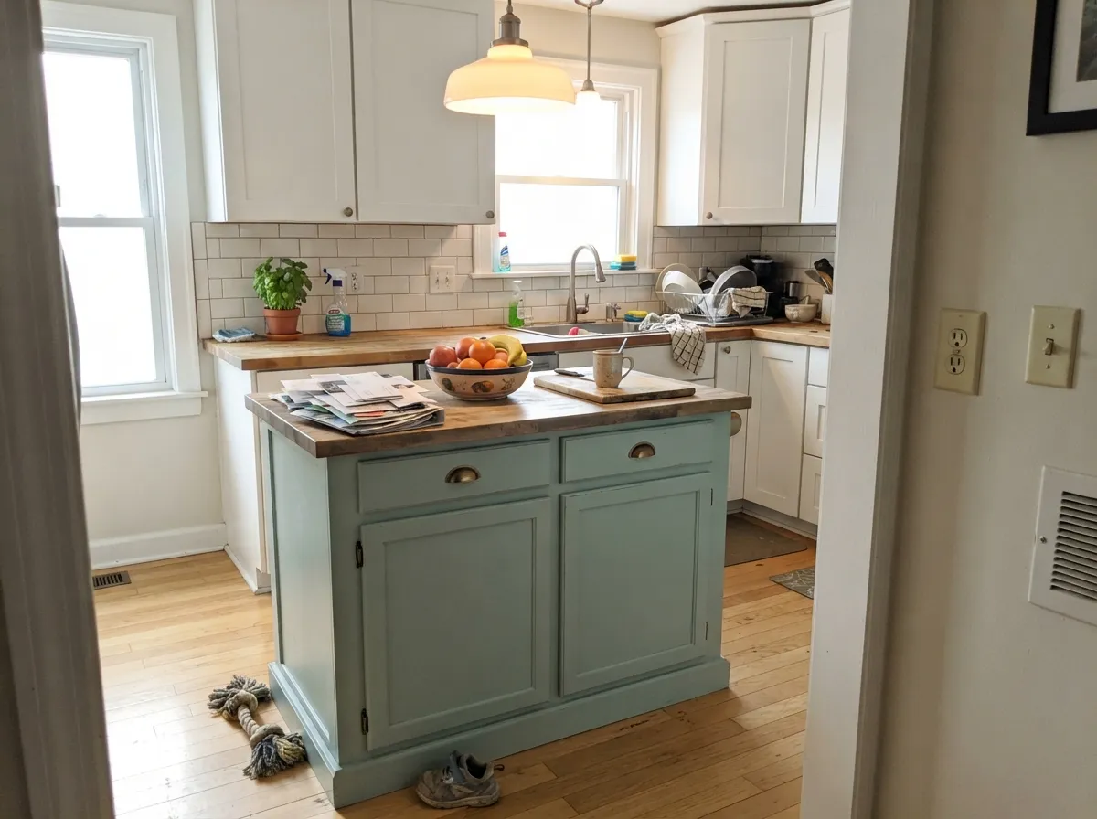 On an island under pale wood and white uppers, Refresh is a confident, resale-friendly pop of color — no honey oak in sight to fight it.