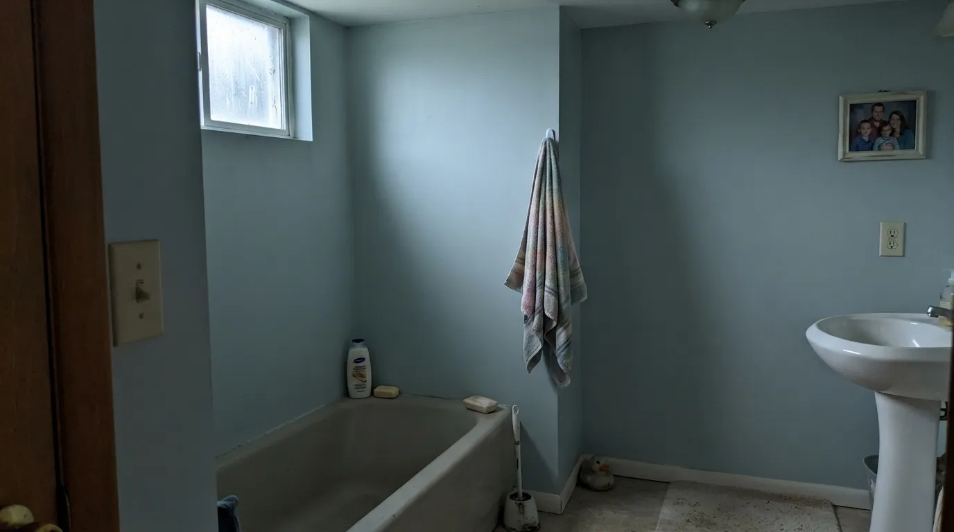 The honest shot: cool north light with no warm bulbs strips the green out and leaves a flatter, more clinical blue-gray. The paint did not change — the light did.