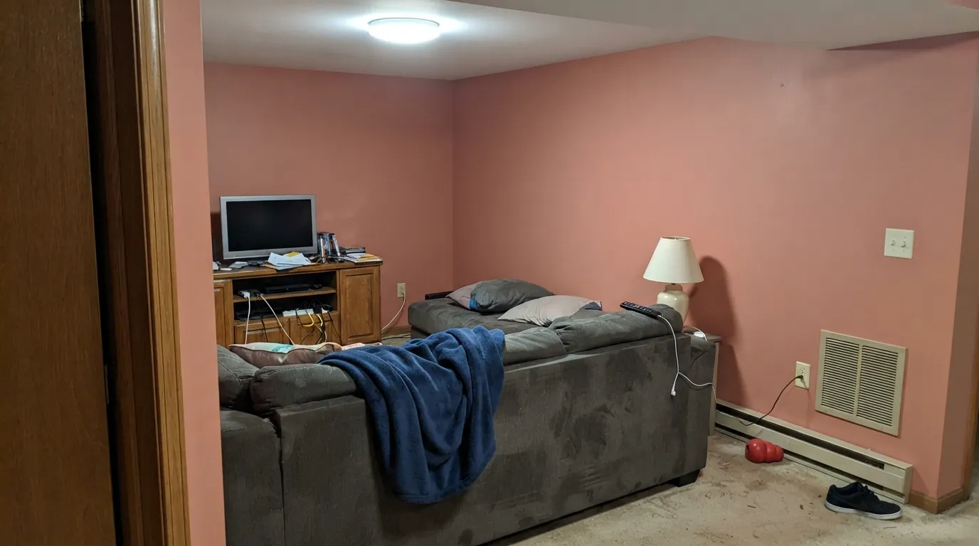 The honest shot: no daylight, cool LEDs only. The coral goes flat and dusty-brick — the exact complaint behind most of the real feedback on this color.