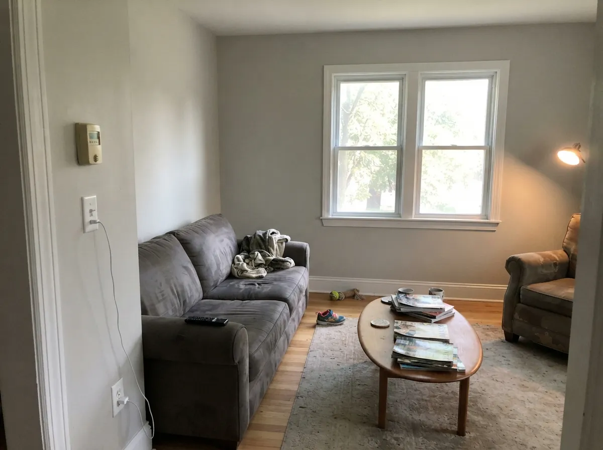 Repose Gray living room walls with bright south-facing light.