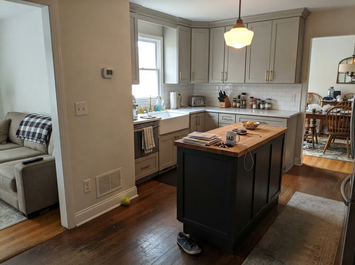 Repose Gray kitchen cabinets with brass pulls and wood floors.