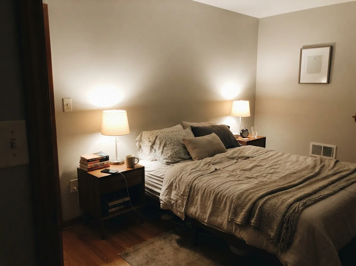 Repose Gray bedroom walls under warm bedside lamp light.