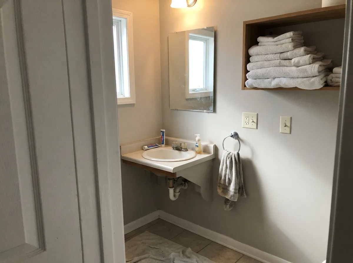 Repose Gray bathroom walls with white tile and chrome fixtures.