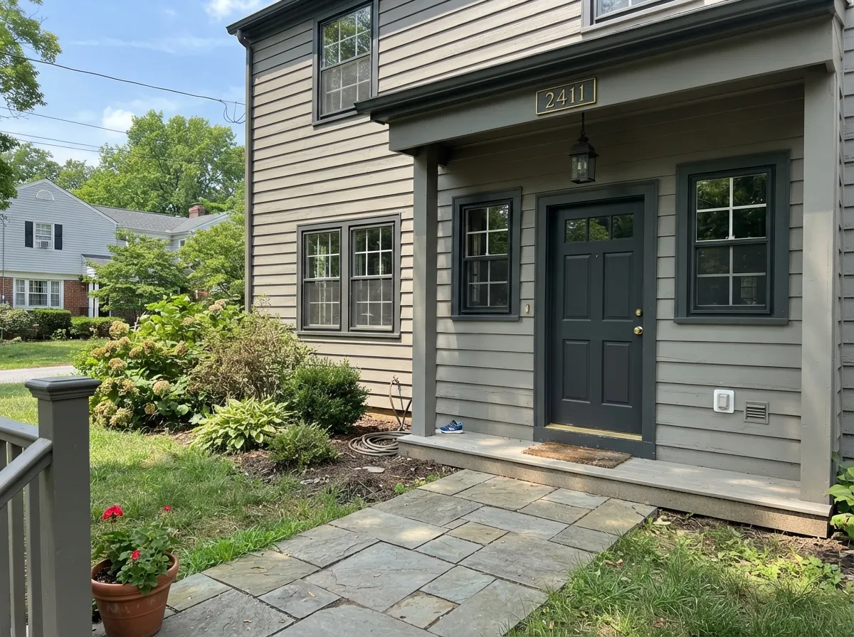 Repose Gray exterior siding with dark trim and a dark front door.