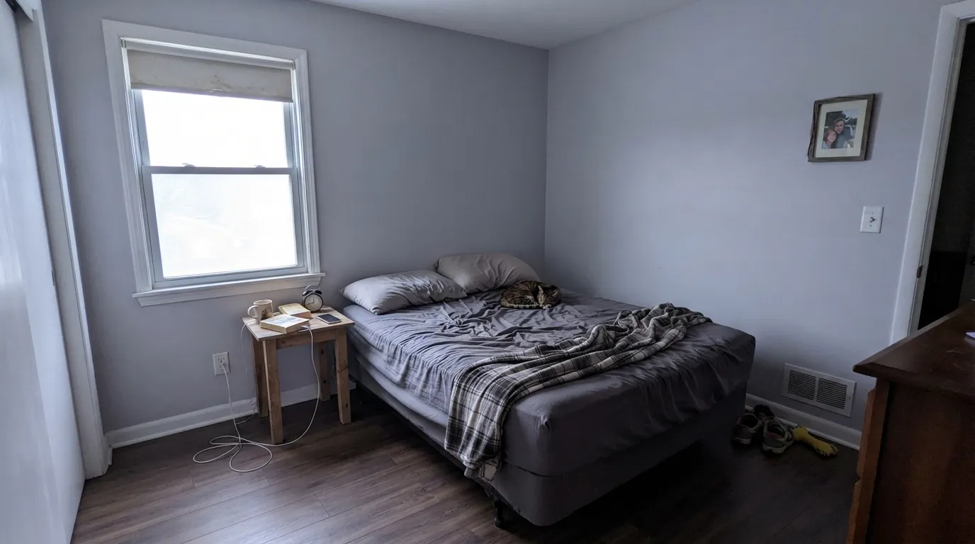 The famous failure: cool north light exposes the violet under Repose Gray — readers who loved it in a sunny house report baby-blue walls in a north-facing one.