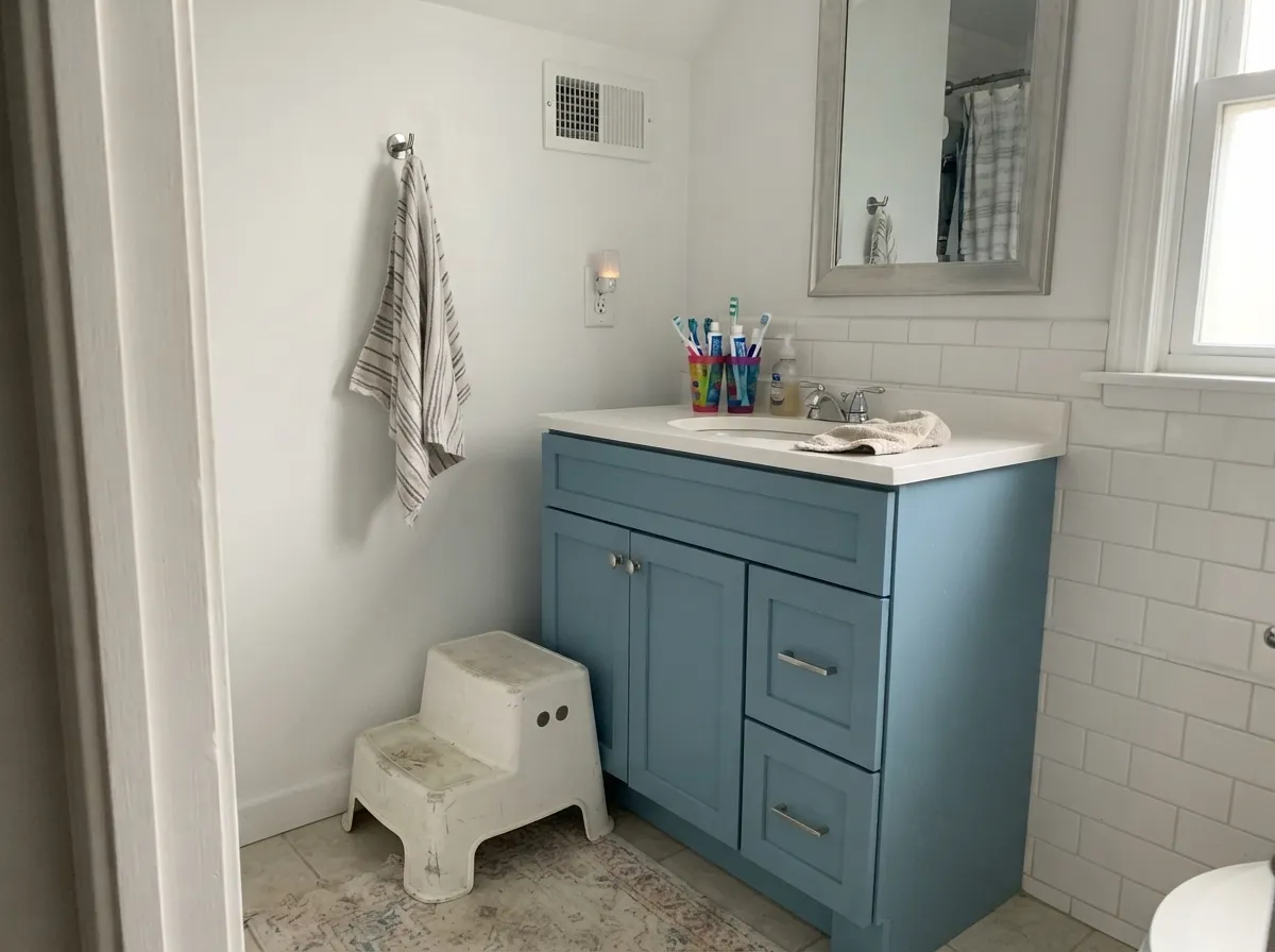 On a vanity under soft white walls, the white tile and chrome do the brightening — so the mid-tone depth never has to lift the room.
