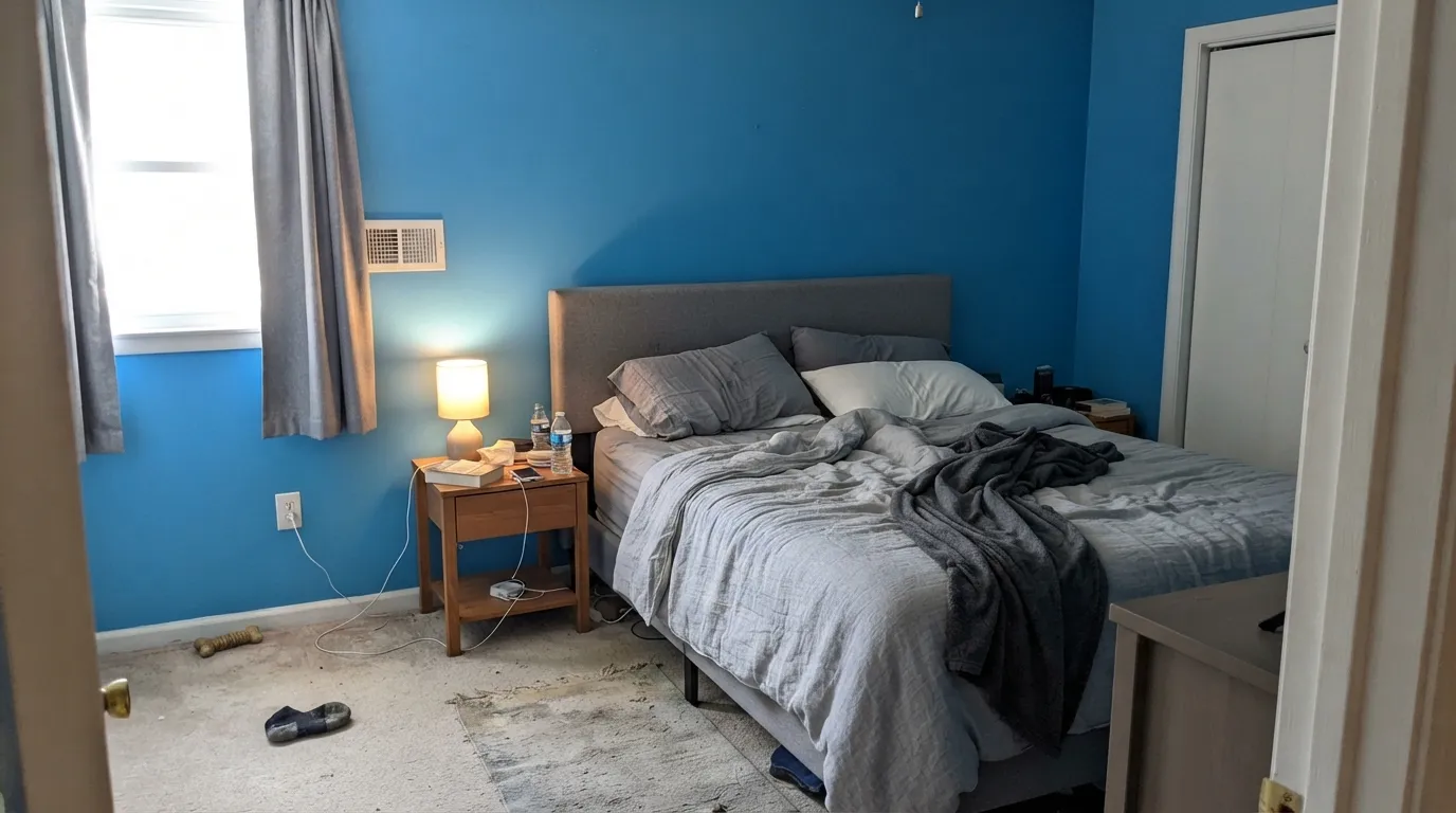 The honest shot: this is what happens when you wanted a soft blue-gray. At LRV 40 with real saturation, Resolute Blue is a color, not a neutral, and it will not stay in the background.
