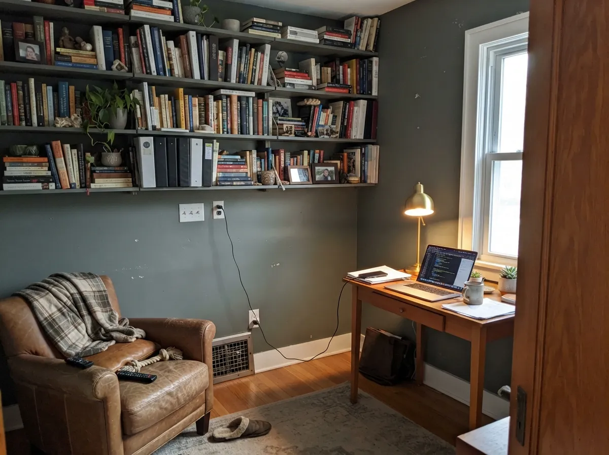 Retreat home office walls behind a wall of books.