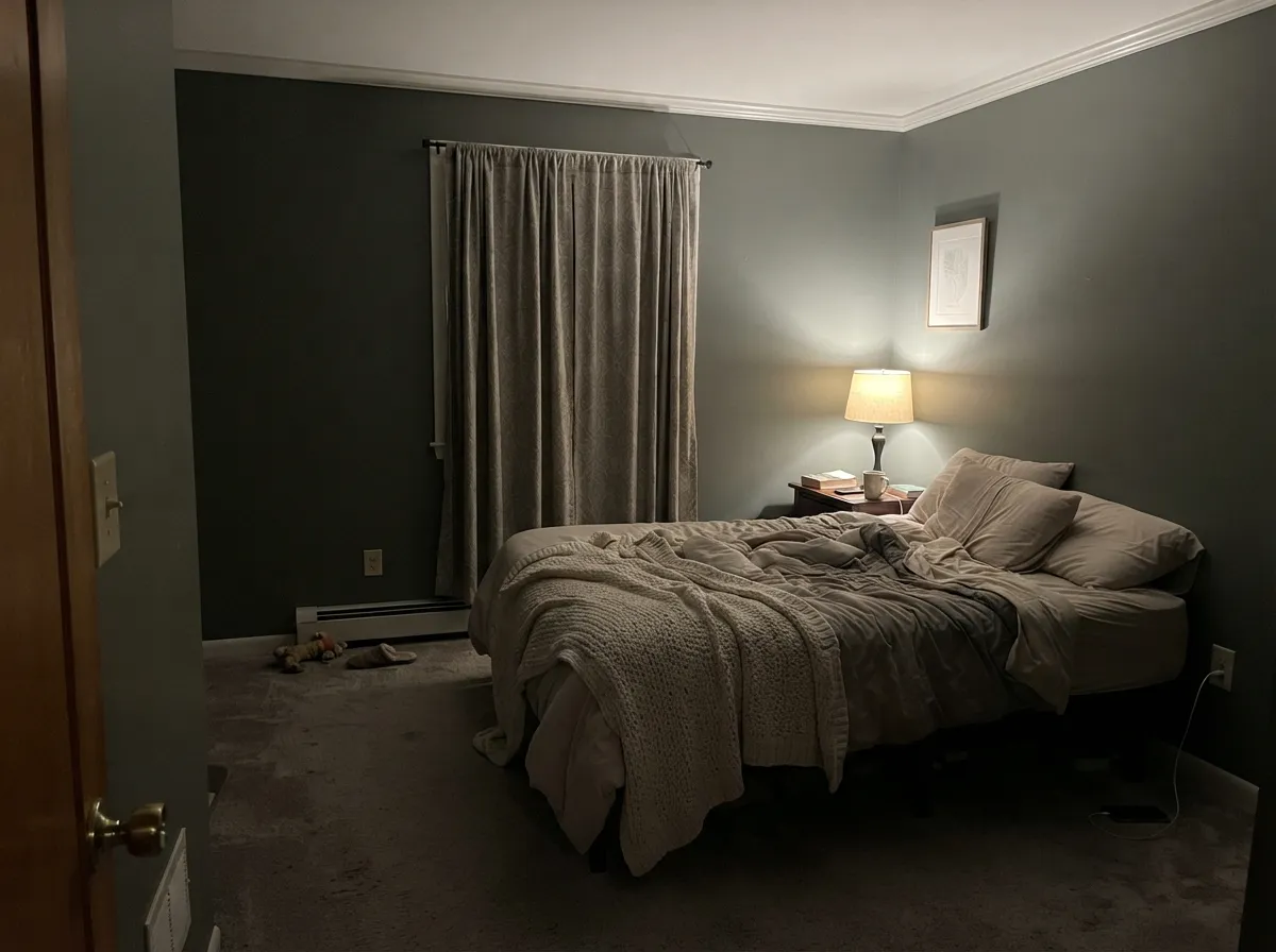 Retreat bedroom walls glowing warm under lamplight with a lighter ceiling.