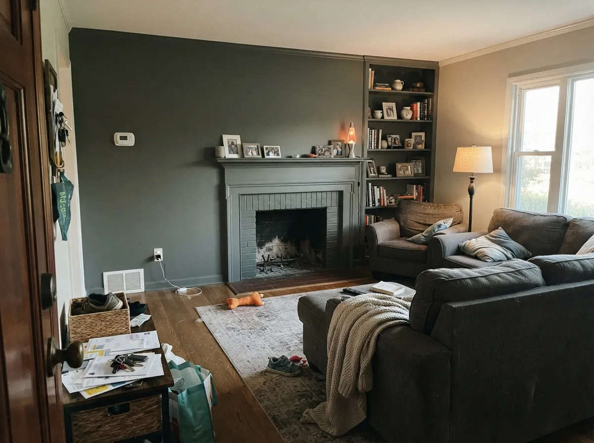 Retreat on a living room fireplace accent wall with lighter walls around it.