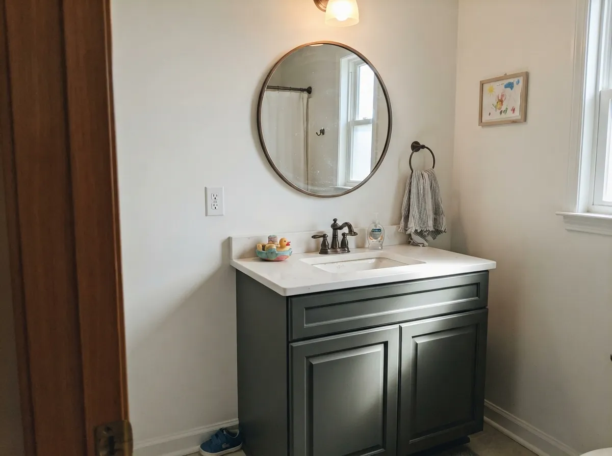 Retreat on a bathroom vanity with white quartz and a bronze faucet.