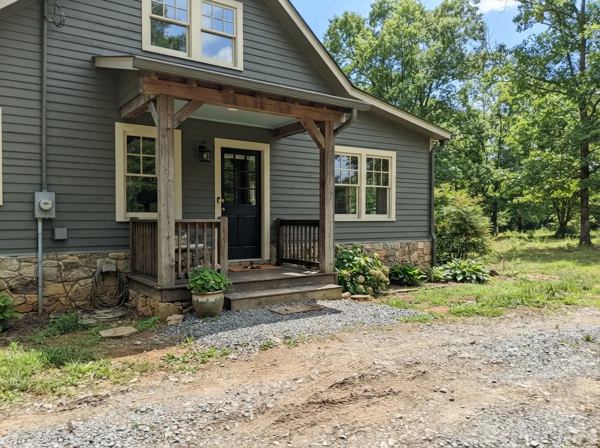 Retreat exterior siding with a black front door and stone foundation in full sun.