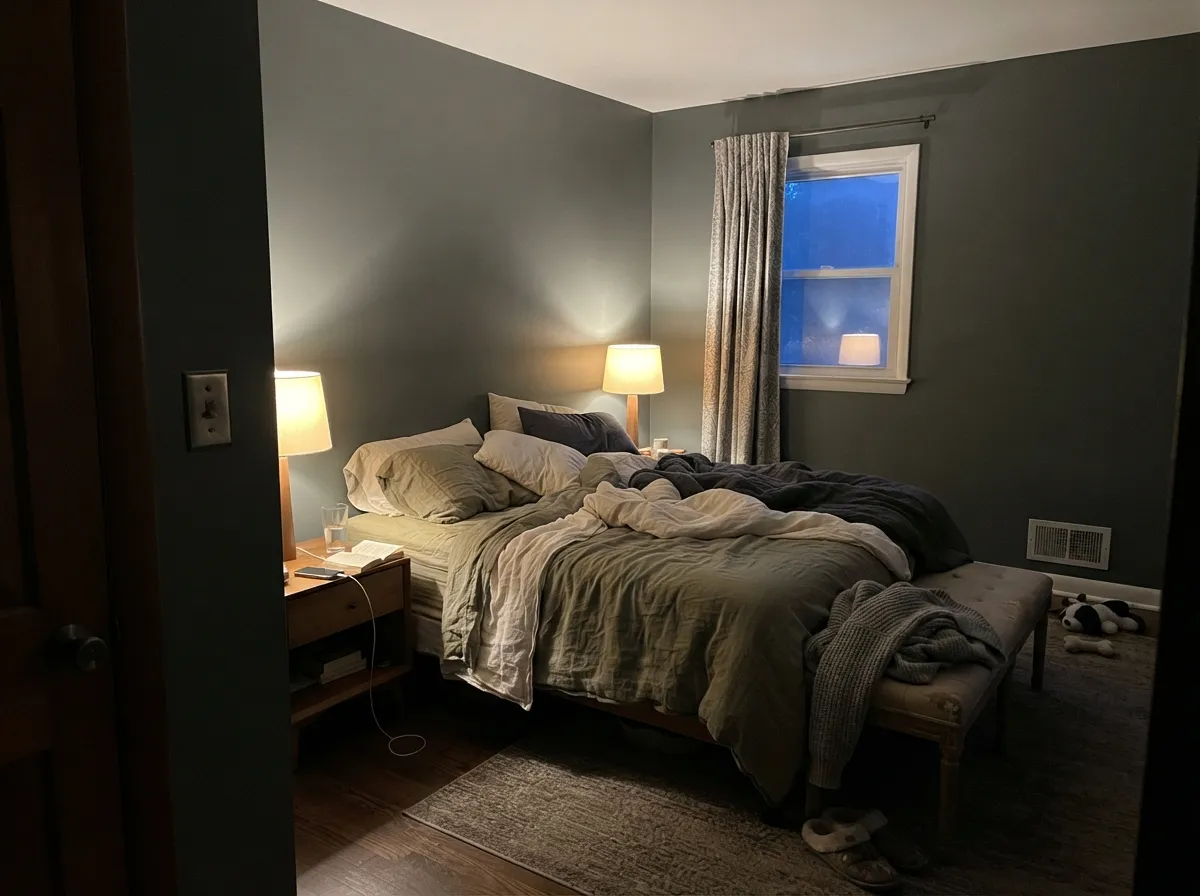 Under warm 2700K lamps at night it turns soft and cocooning — this is the light the color was built for.