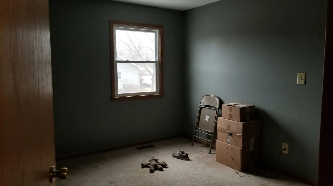 The honest shot: in flat north light with no lamps the green vanishes and Retreat is just a dark, closed-in gray.