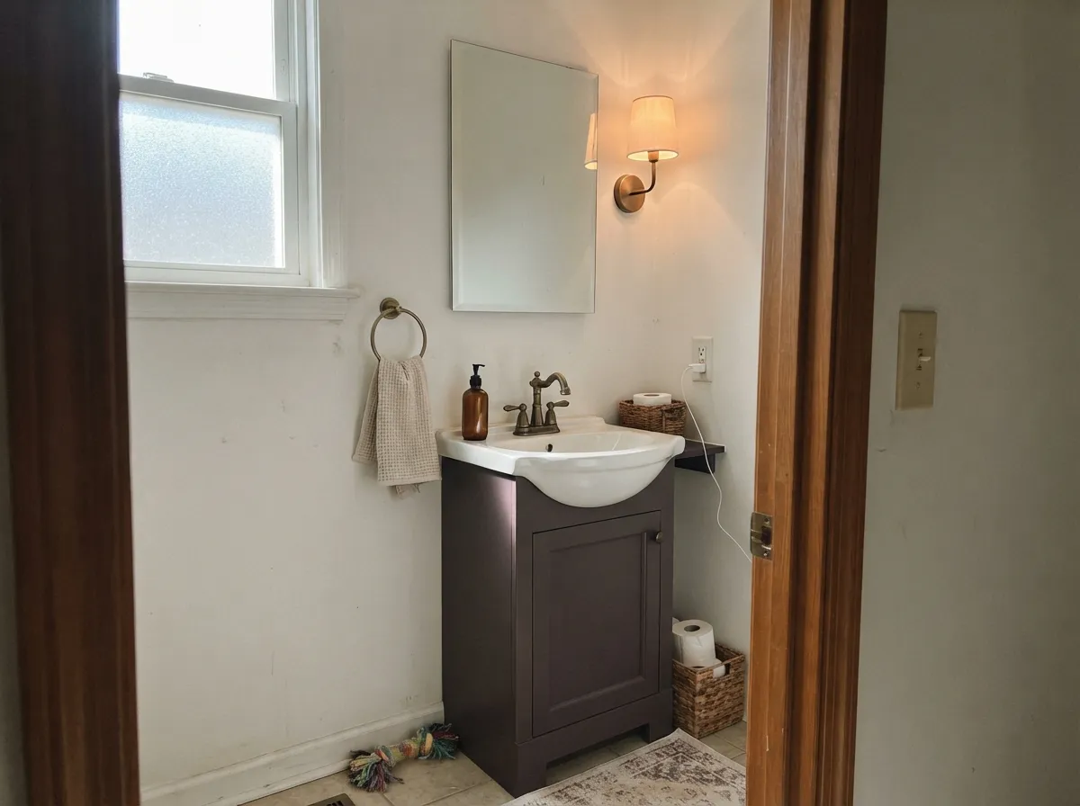 The designer move: a Ripe Berry vanity under bright white walls — small enough to be a weekend project, dark enough to feel custom.