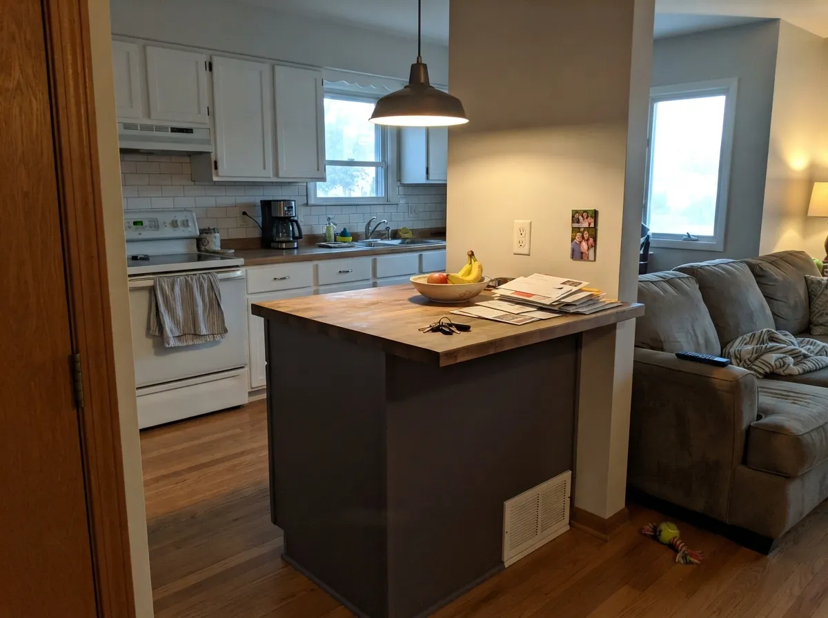 On an island under a bright perimeter, the near-black plum reads current and expensive without taking over the whole kitchen.