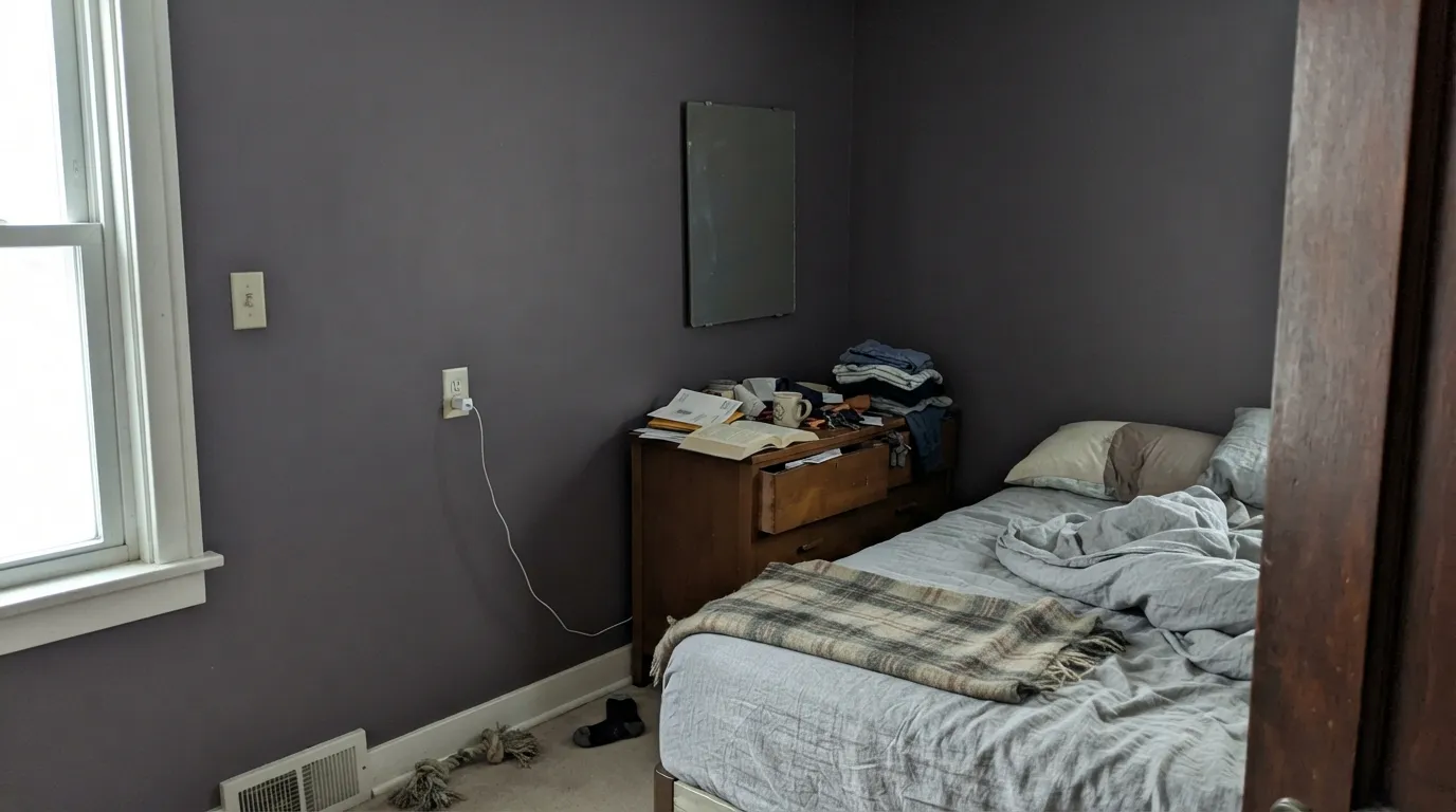 The honest shot: cool, lampless daylight and the berry vanishes entirely, leaving plain flat charcoal — the situation behind every "it's just gray, not purple" review.