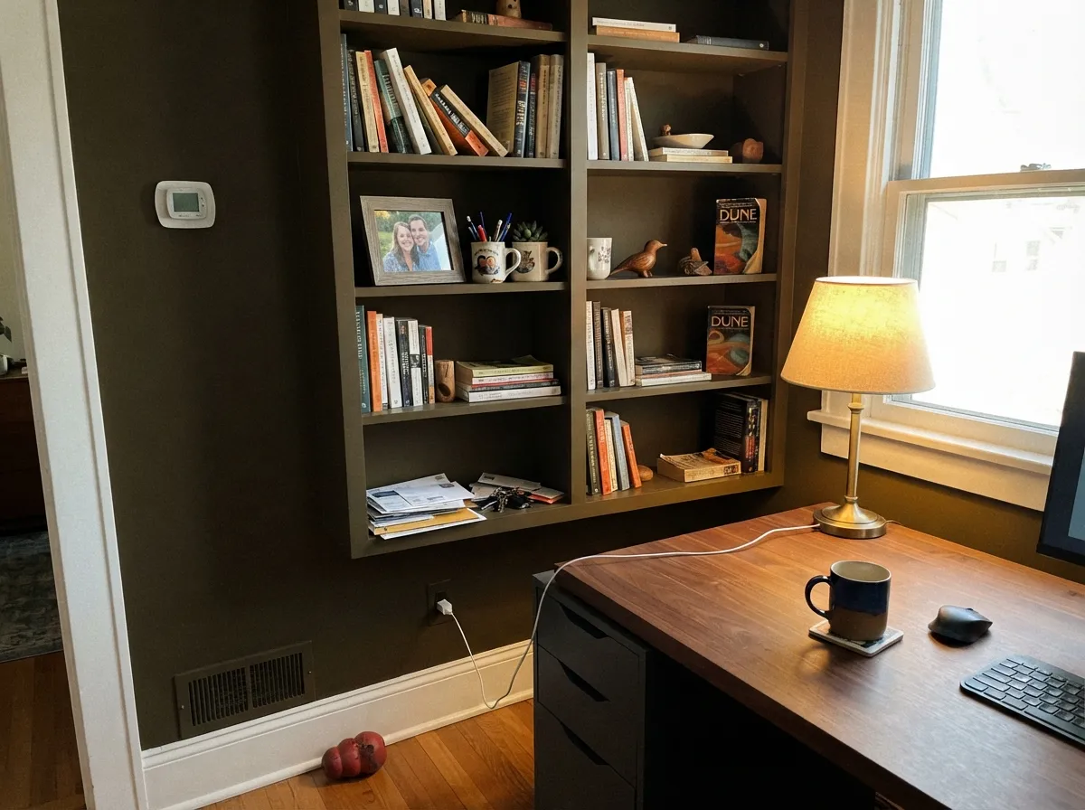 With walnut, leather-bound books and one warm lamp, the near-black reads textured and deliberate rather than flat.