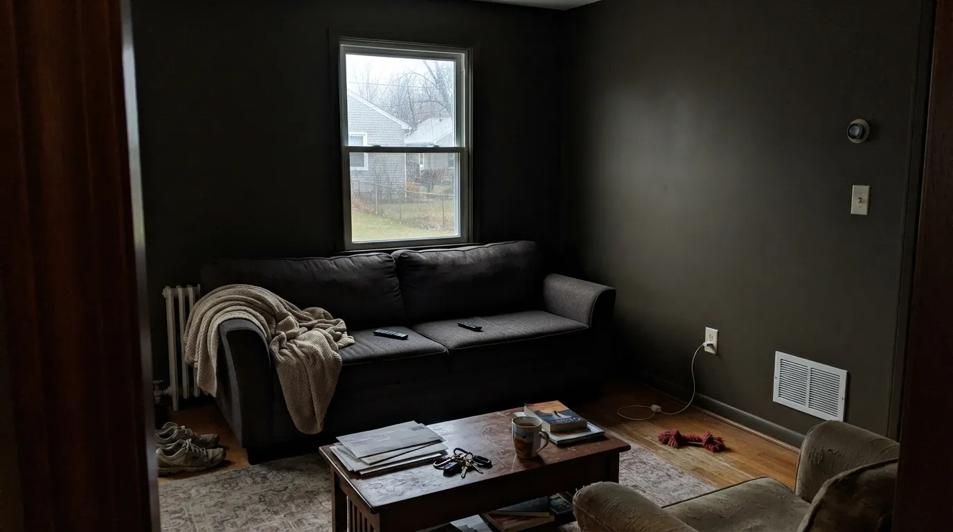 The honest shot: overcast light, no lamps, and the olive vanishes completely — the exact surprise behind every "I wanted green and got black" complaint.