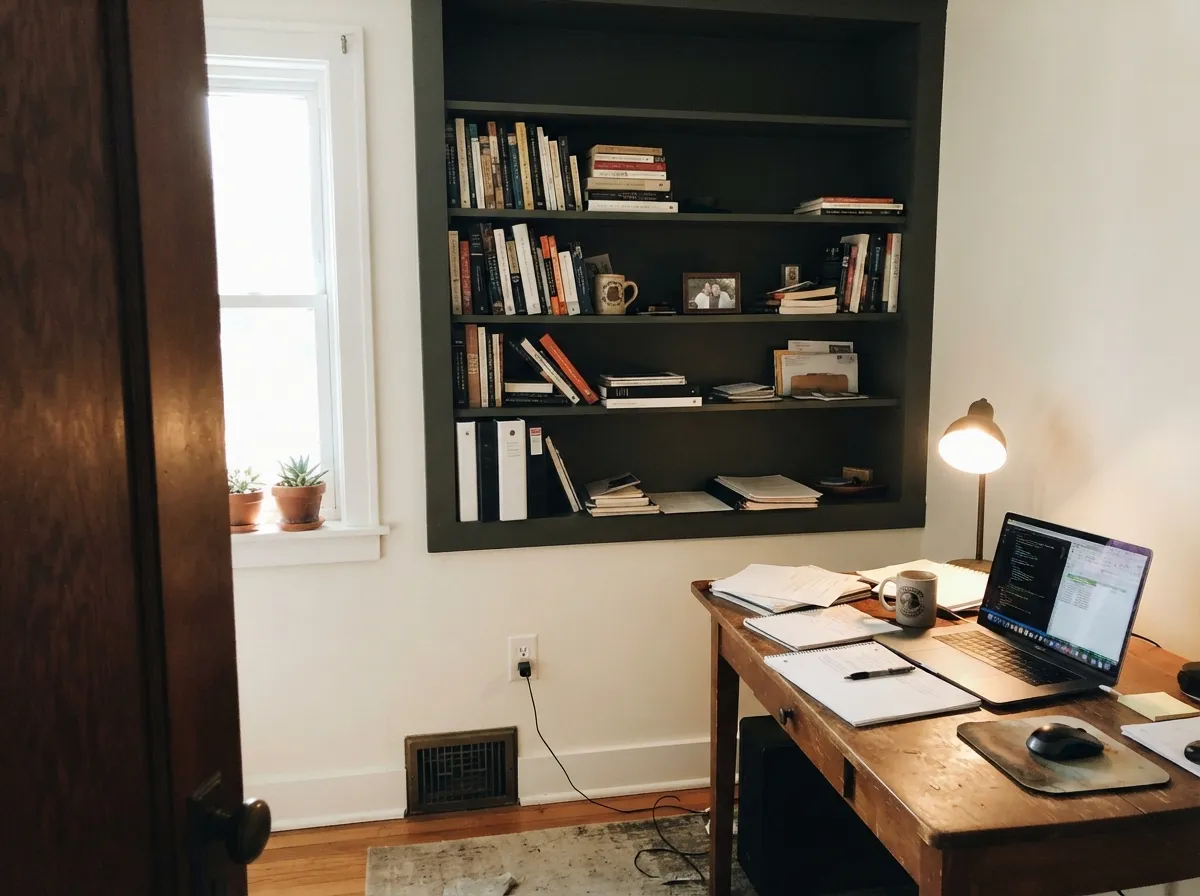 In a sunlit office the built-ins hold real depth and color instead of turning into a black hole in the room.