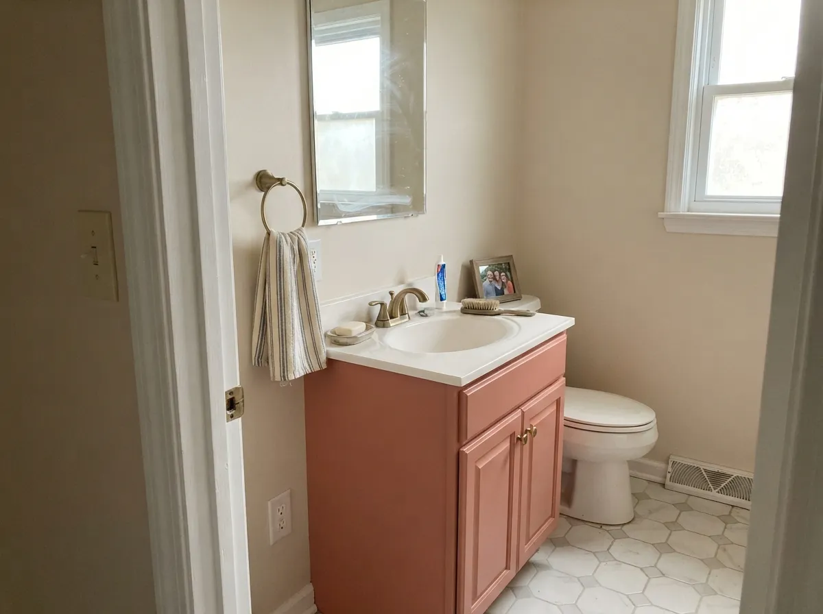 The designer move: a Romance vanity under warm neutral walls — enough color to feel custom, small enough to repaint in a weekend.