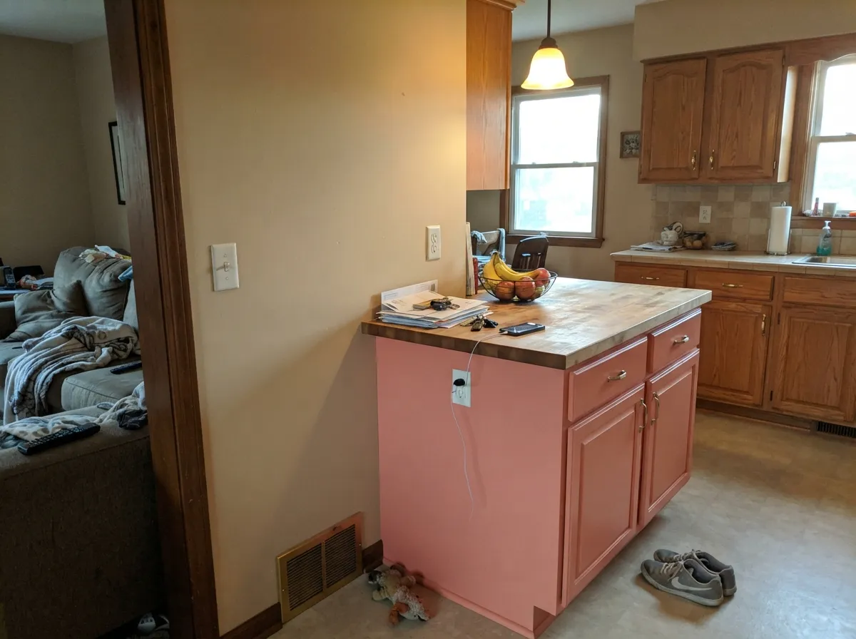 On an island against a warm neutral wall, the coral reads charming, not childish — this is where it earns its keep outside a bedroom.