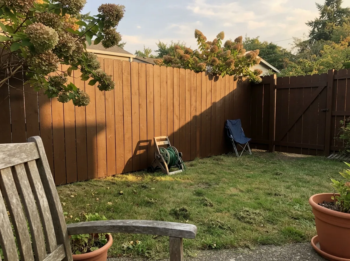 On a fence it reads like rich stained timber, hides splash and pollen, and lets the planting be the interesting part of the yard.