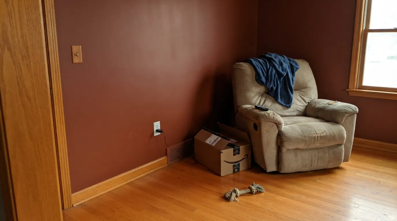 The honest shot: over honey oak floors and oak trim the wall shares the same red-orange base, and the room stops looking painted at all — the number one complaint about this brown.