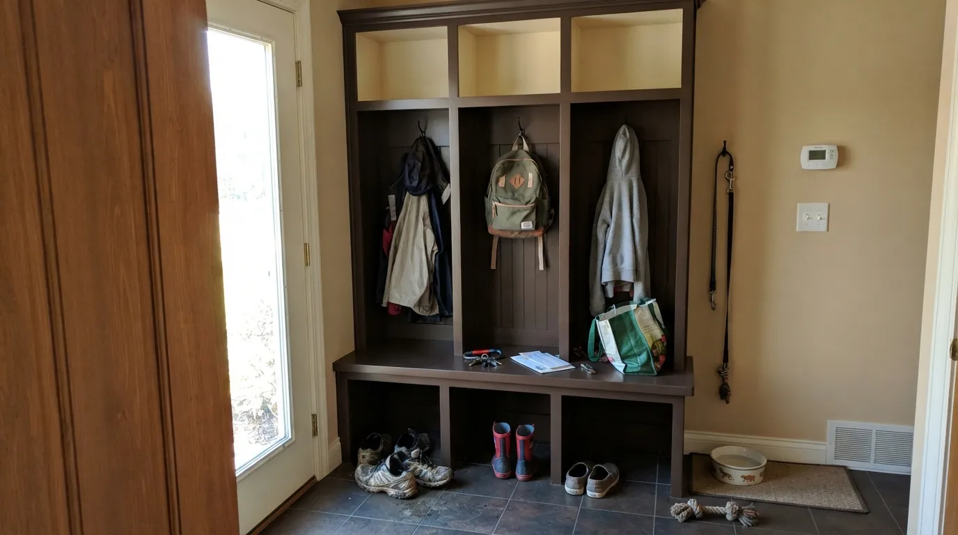 Rookwood Dark Brown lockers in real morning light — dark enough to swallow shoe scuffs, warm enough that the room still reads brown against Accessible Beige walls.