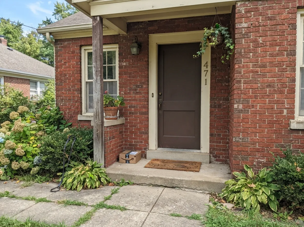Outdoors is where it looks most like itself: direct sun brings the red-brown forward against brick, and it reads warmer and older than a black door would.