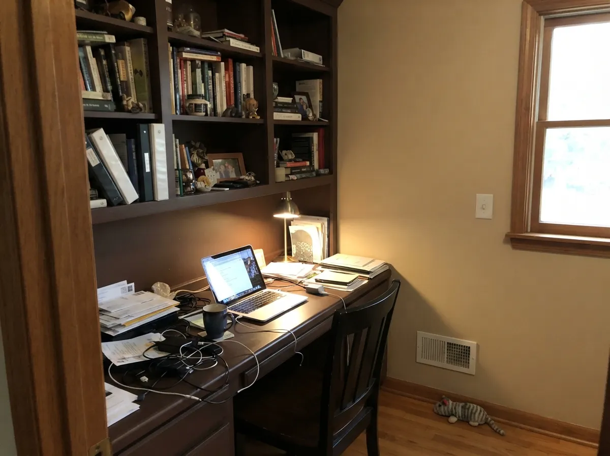 With a window and a warm lamp the built-ins stay clearly brown — this is the minimum light the color needs to keep its color.