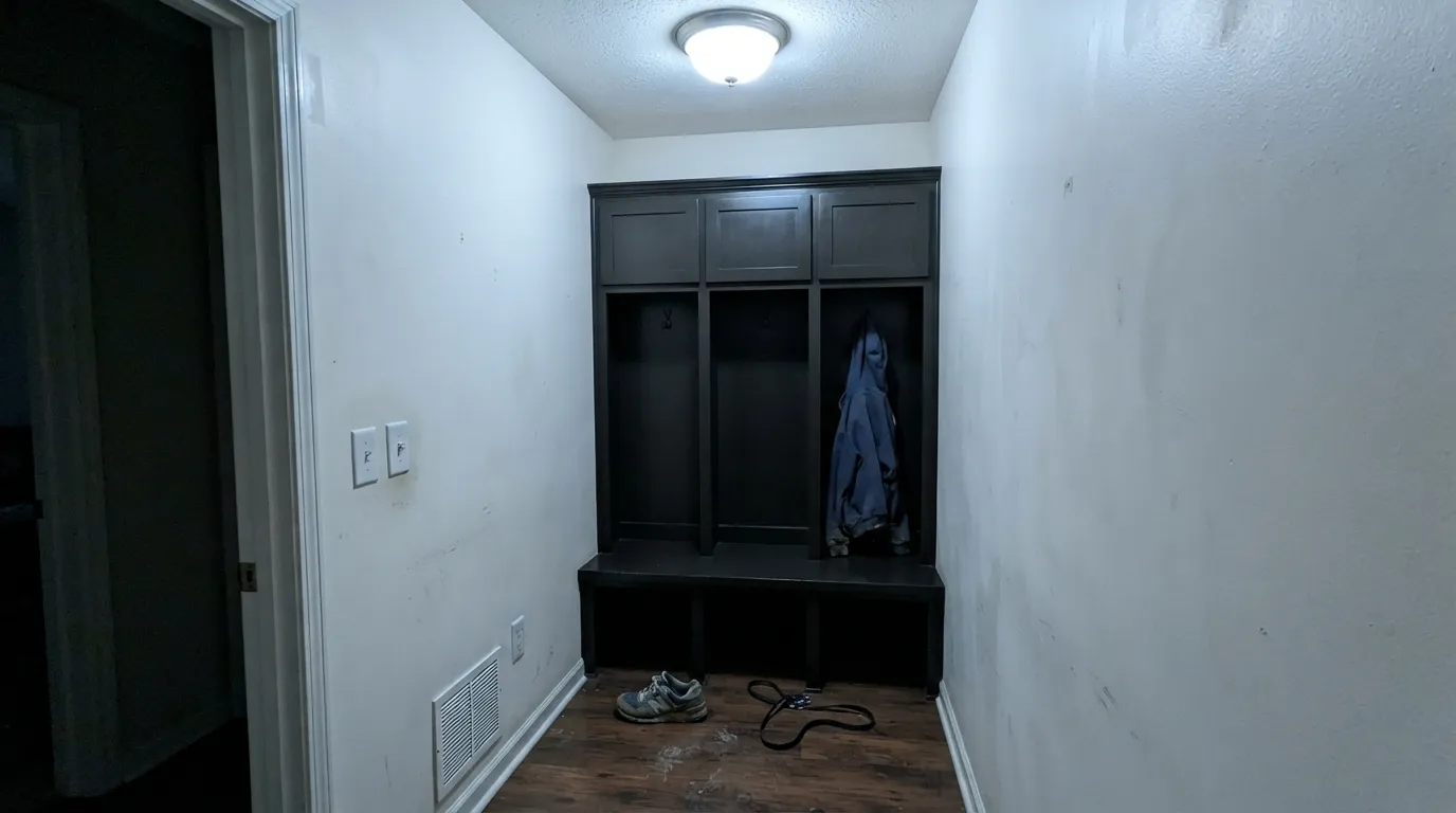 The honest shot: no window and a cool-white bulb, and LRV 8 stops being brown — this is the black-lockers surprise people report after dark.