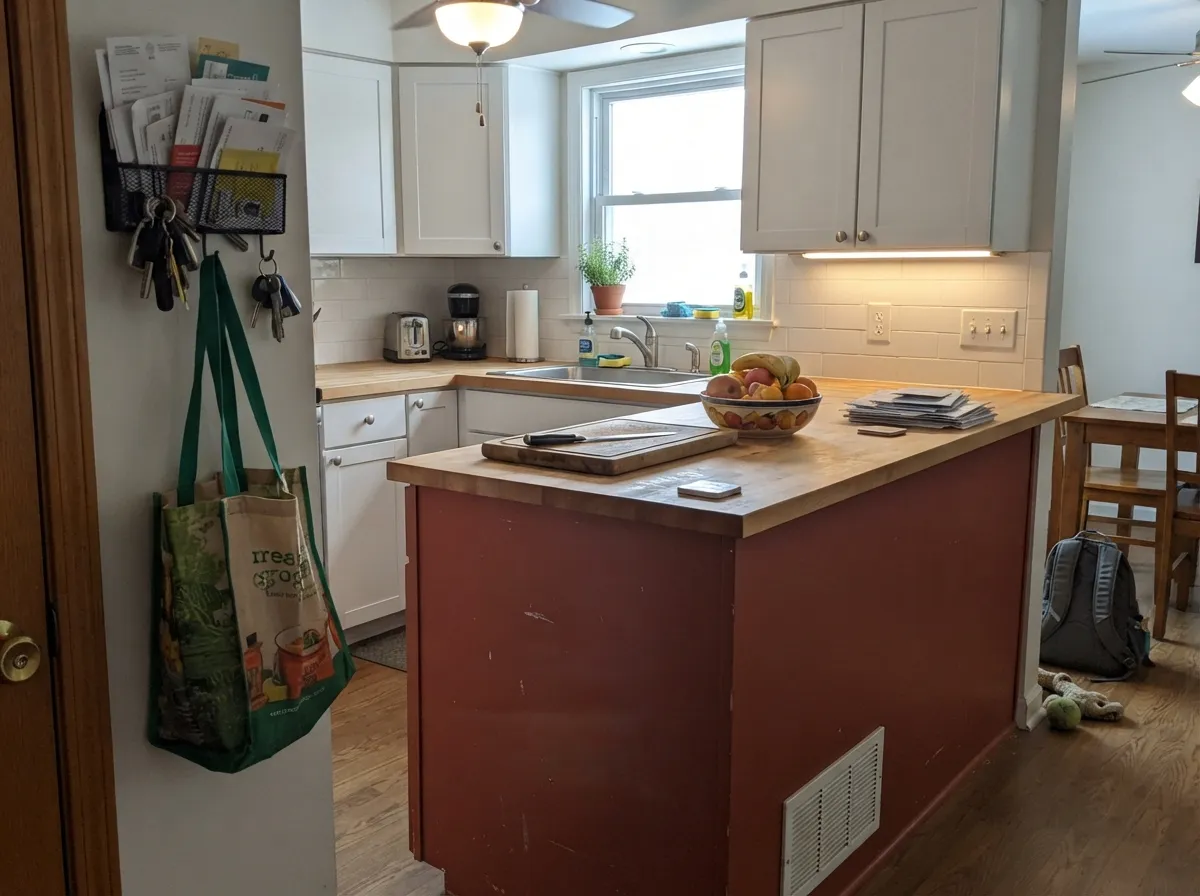 The color's best interior job: an island against white cabinets and butcher block, with black hardware giving it a deliberate, not-rustic-by-accident edge.