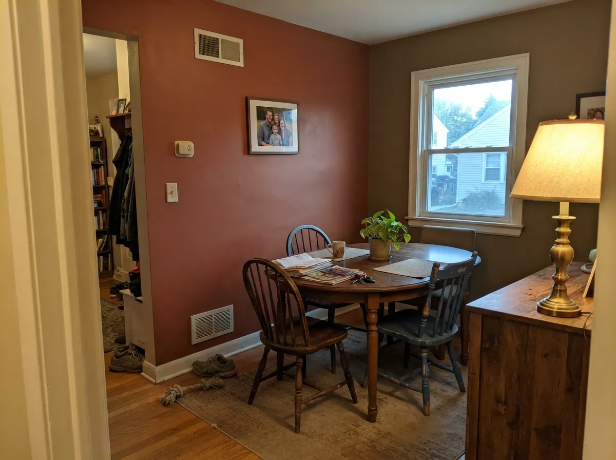 In an enclosed dining room at lamp-lit hours, the clay-red warmth comes forward instead of fighting for daylight it doesn't have.