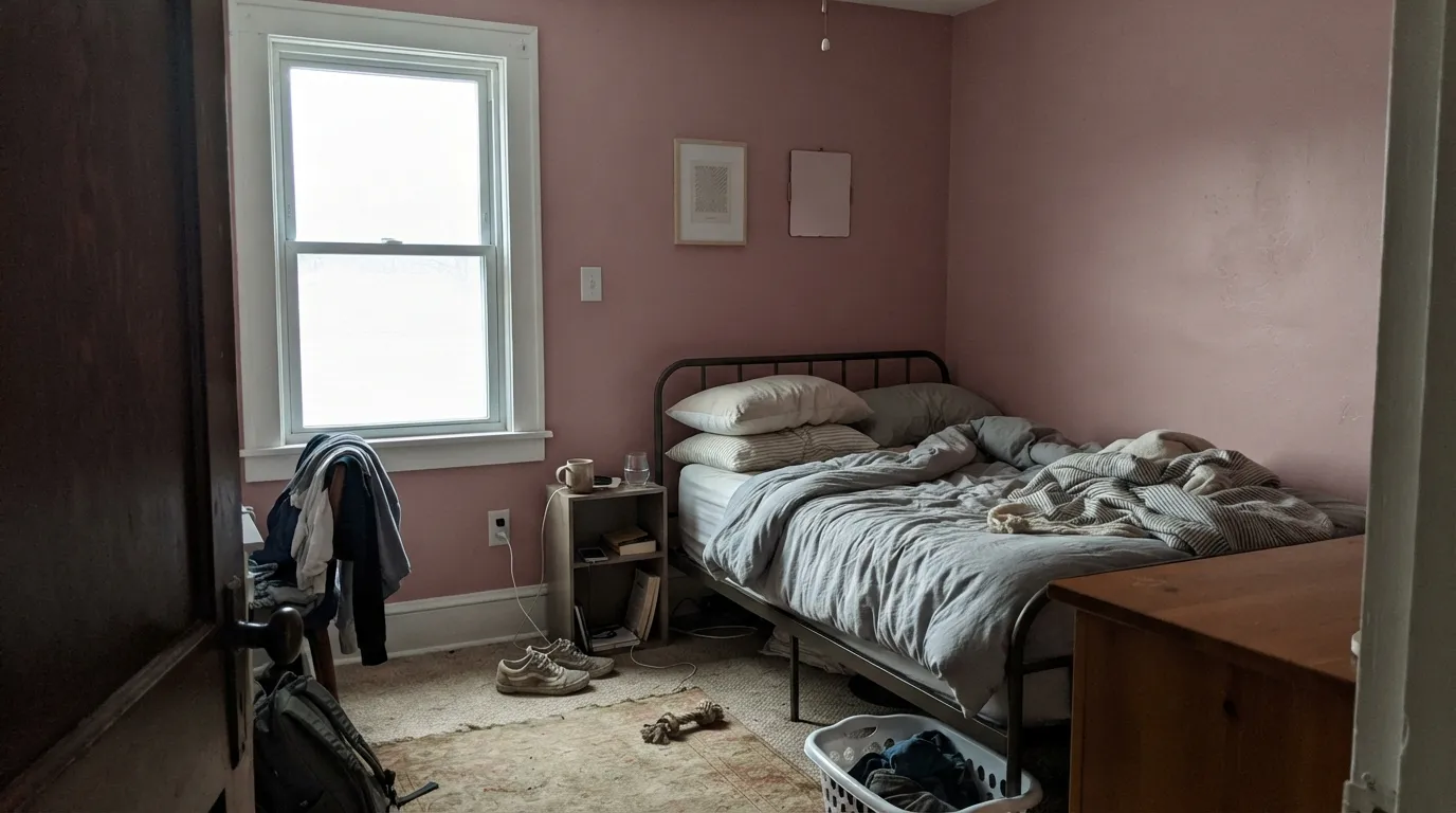 The honest shot: cold north light with no warm lamps drains the rose out and leaves a dull, chalky pink — the exact situation behind most disappointed reviews.