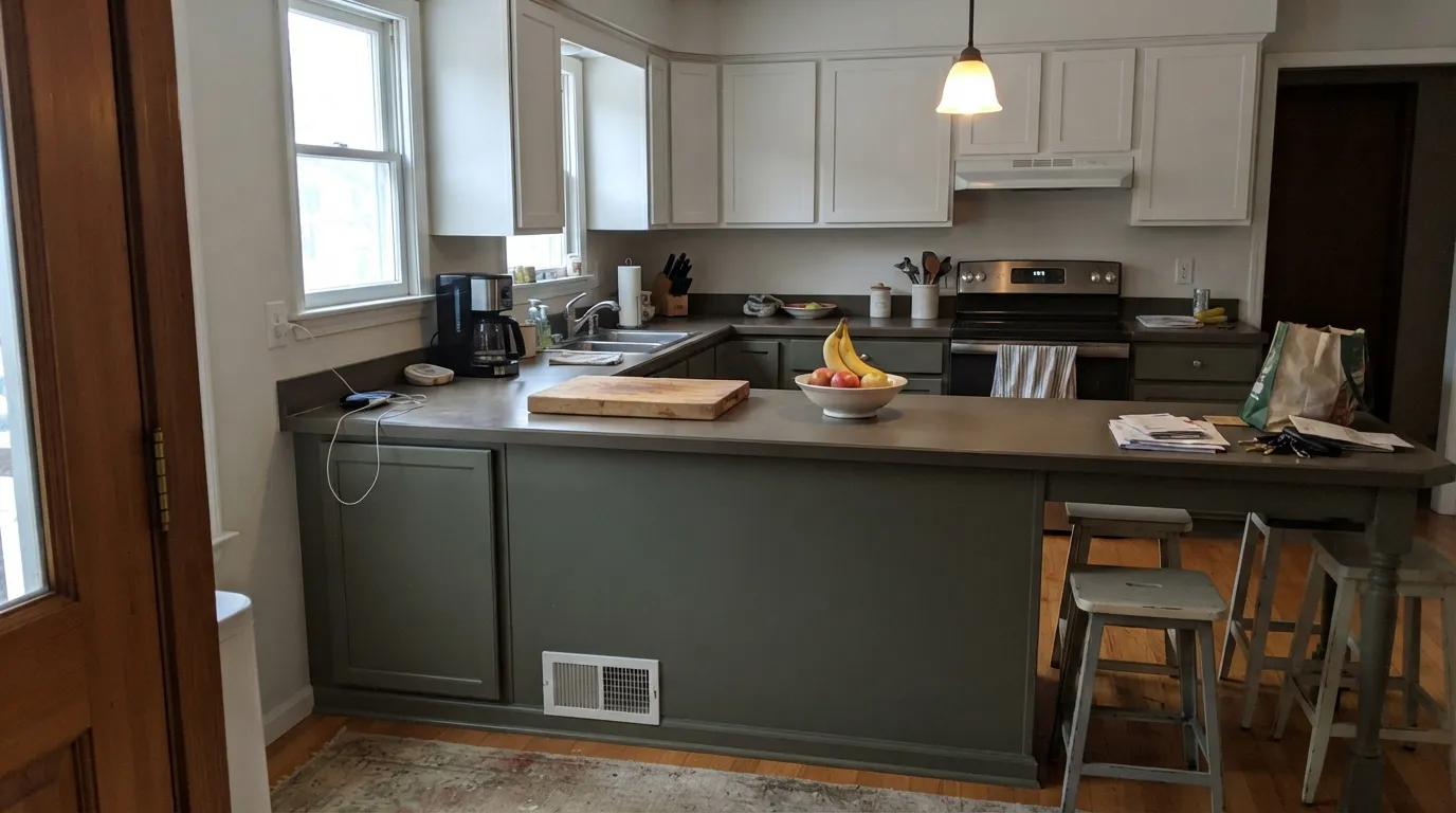 Rosemary on the island with white uppers in real daylight — dark enough to anchor the kitchen, green enough that nobody mistakes it for black.