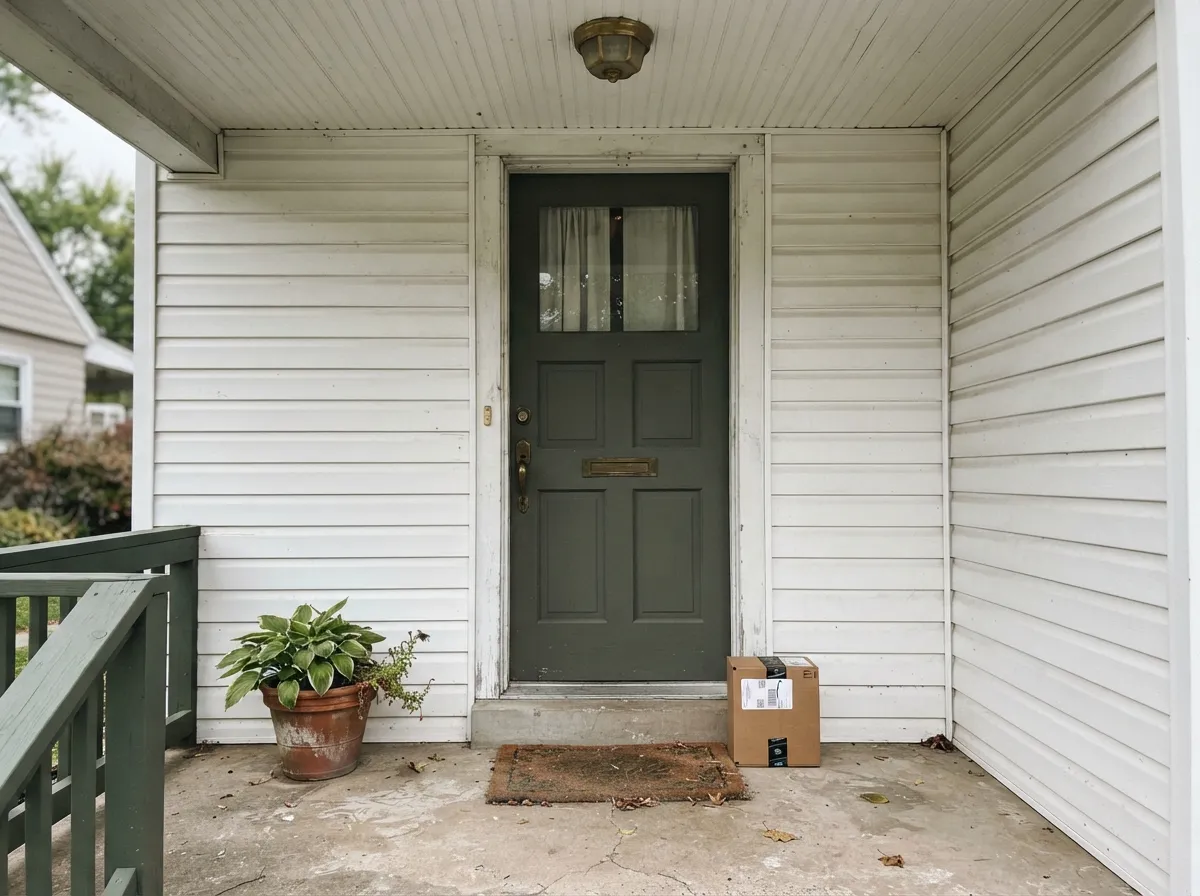 Outside there is plenty of light, so the olive-green reads clearly even in shade — the quiet alternative to a black door.