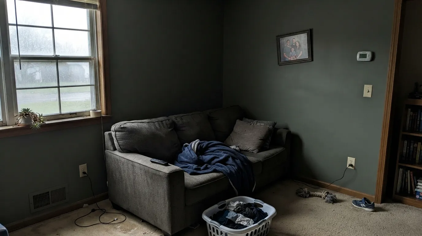 The honest shot: in dim north light with no lamps on, LRV 12 wins and Rosemary stops looking green at all.