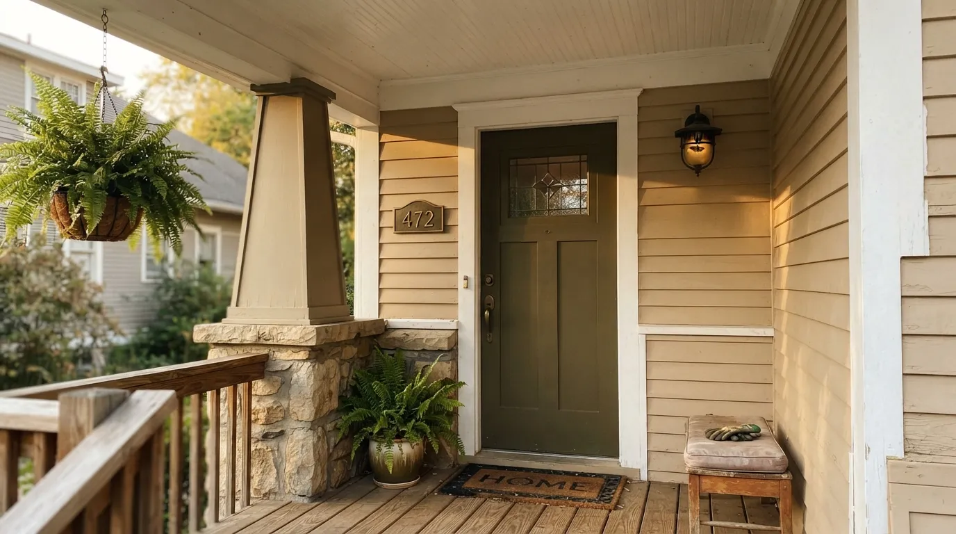 Roycroft Bronze Green on a covered Craftsman porch in real afternoon light — the bronze and brown come forward and it reads rich, not dark.