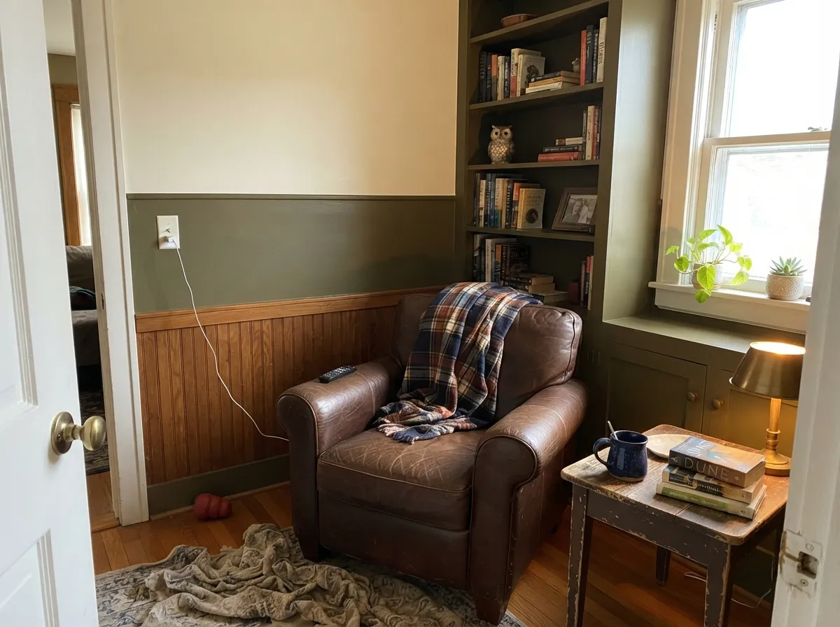 In real midday light the wainscot holds real color and texture — walnut shelving and leather are its natural company.