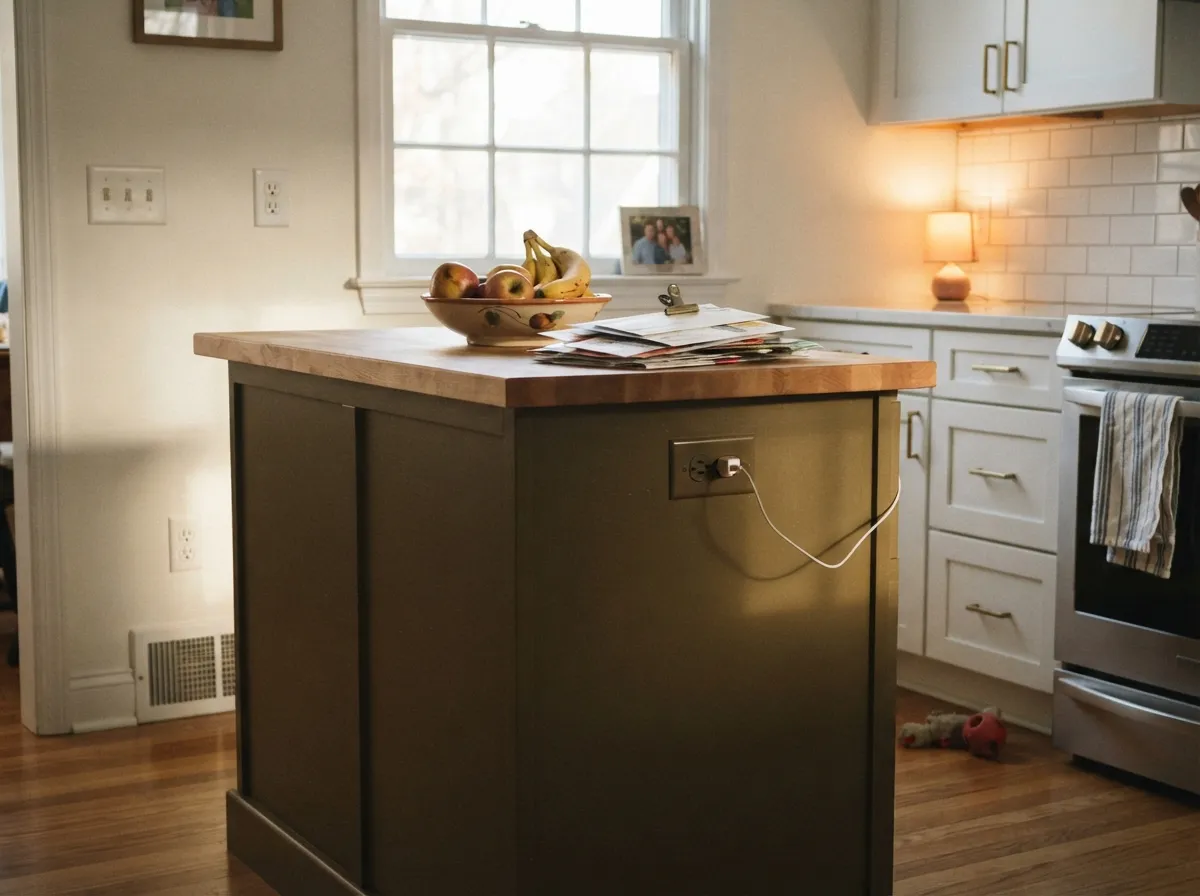 The island-only move: real daylight on the perimeter keeps the room bright while the island carries the depth. Brass hardware picks up the bronze directly.