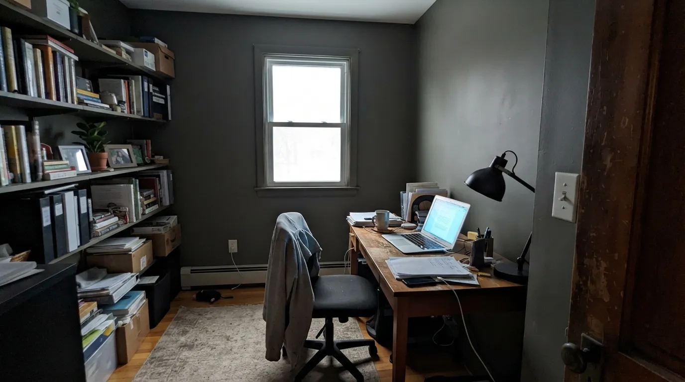 The honest shot: a dim north room with no direct sun and no warm lamps. LRV 9 has nothing to bounce off of, and the color goes cave-like — the exact situation behind every regretful repaint.